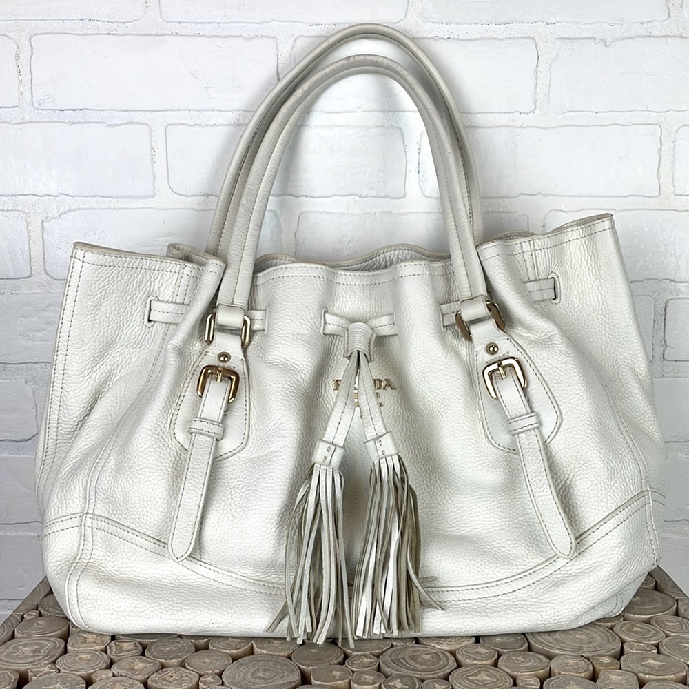 Prada Vitello Daino Ivory Deerskin Leather Large Hobo Shoulder Bag